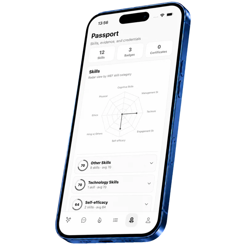 Bloom Now Passport screen with a radar view by WEF skill category
