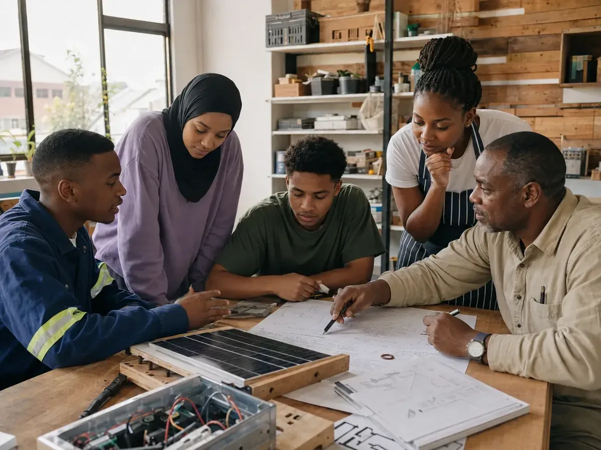 Young people and a mentor reviewing plans and a solar panel prototype at a workshop table
